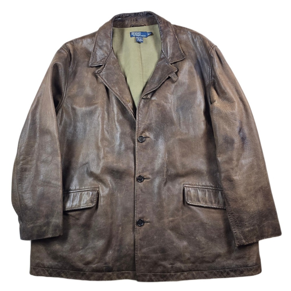 Vintage Polo Ralph Lauren Leather Car Coat Mens 2XL Brown Distressed Jacket